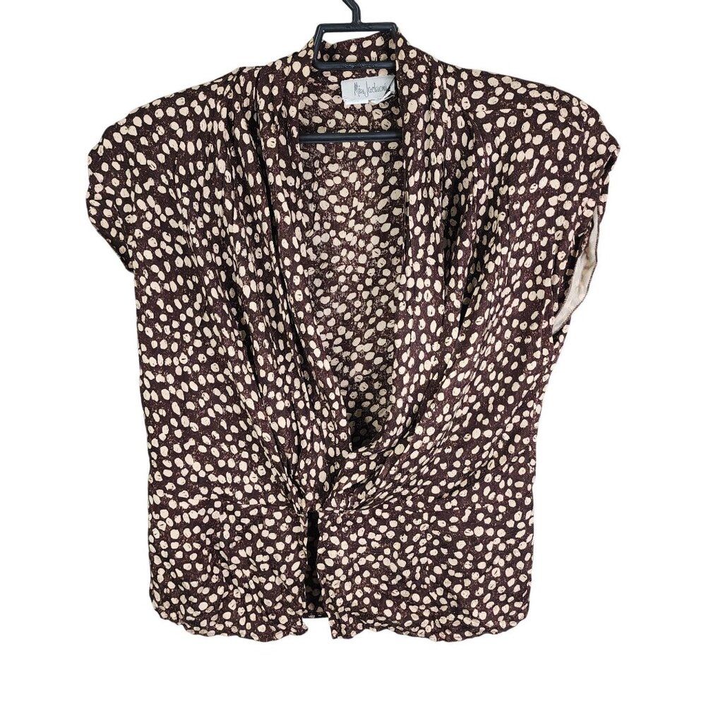 Womens Brown Spotted Miss Jackson Silk Shirt Snap Button Front Sleeveless 14